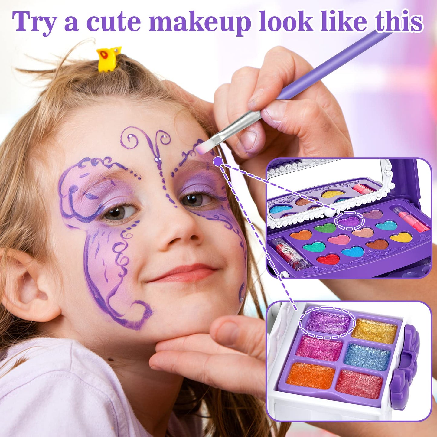 Teensymic 54-Piece Kids Makeup Kit – Washable Toy Makeup Set for Girls (Purple)