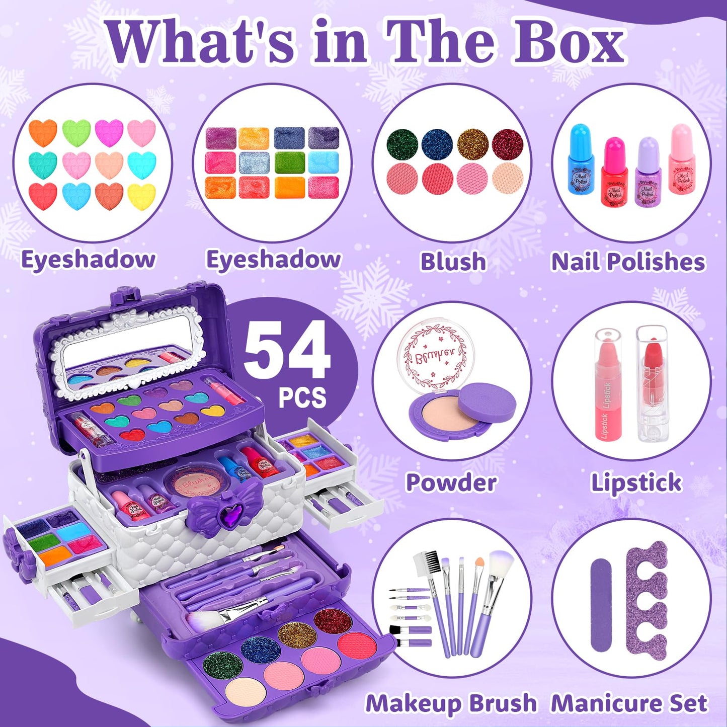 Teensymic 54-Piece Kids Makeup Kit – Washable Toy Makeup Set for Girls (Purple)