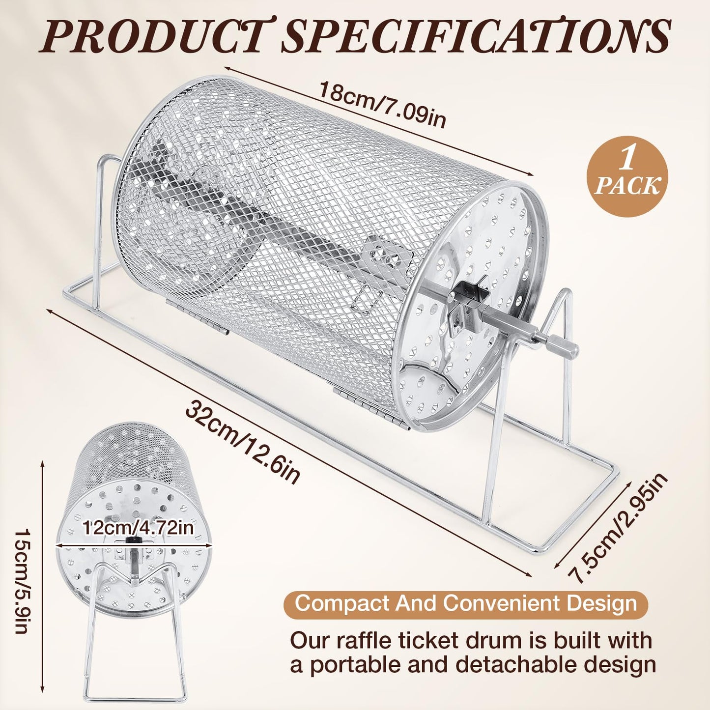 Teenyyou Raffle Drum 7.09 x 4.72 in — Holds 600 Tickets with Stand (Silver)