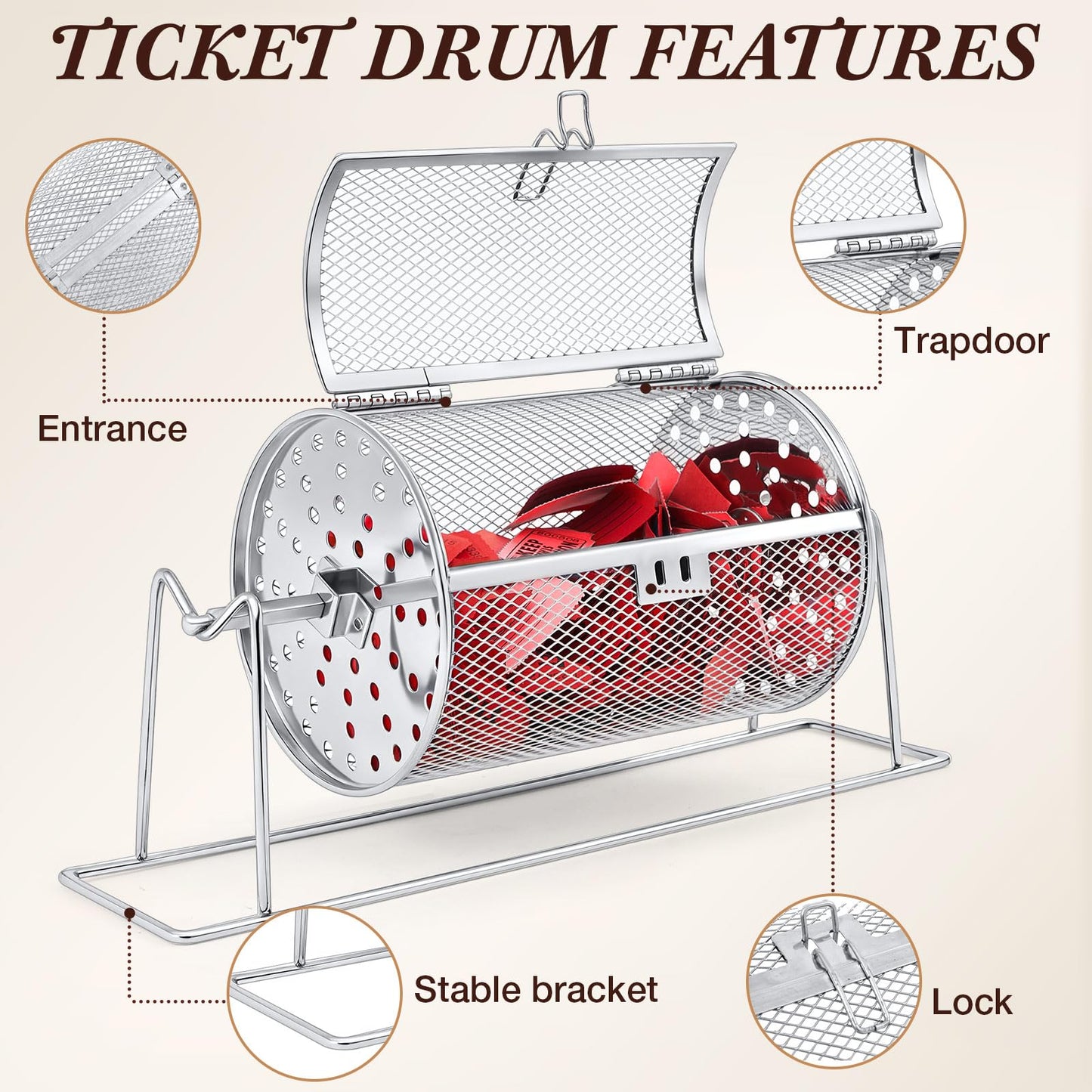 Teenyyou Raffle Drum 7.09 x 4.72 in — Holds 600 Tickets with Stand (Silver)
