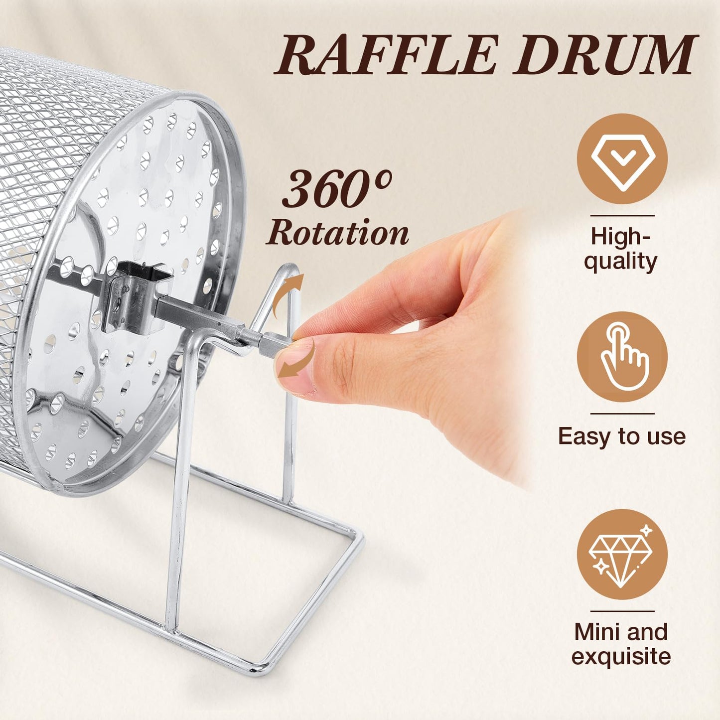 Teenyyou Raffle Drum 7.09 x 4.72 in — Holds 600 Tickets with Stand (Silver)