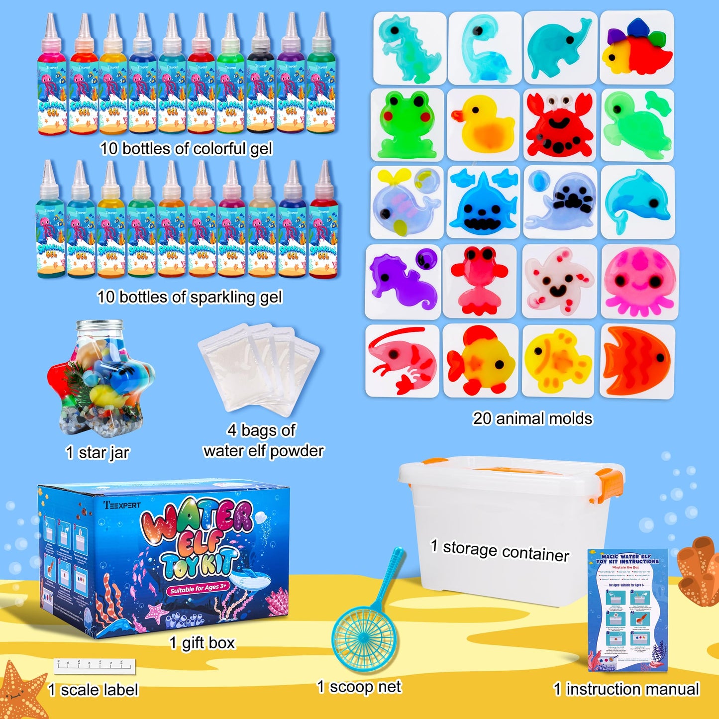 Teexpert Magic Water Elf Toy Kit – Aqua Fairy DIY Squishy Maker for Kids, 20 Colors & 20 Molds