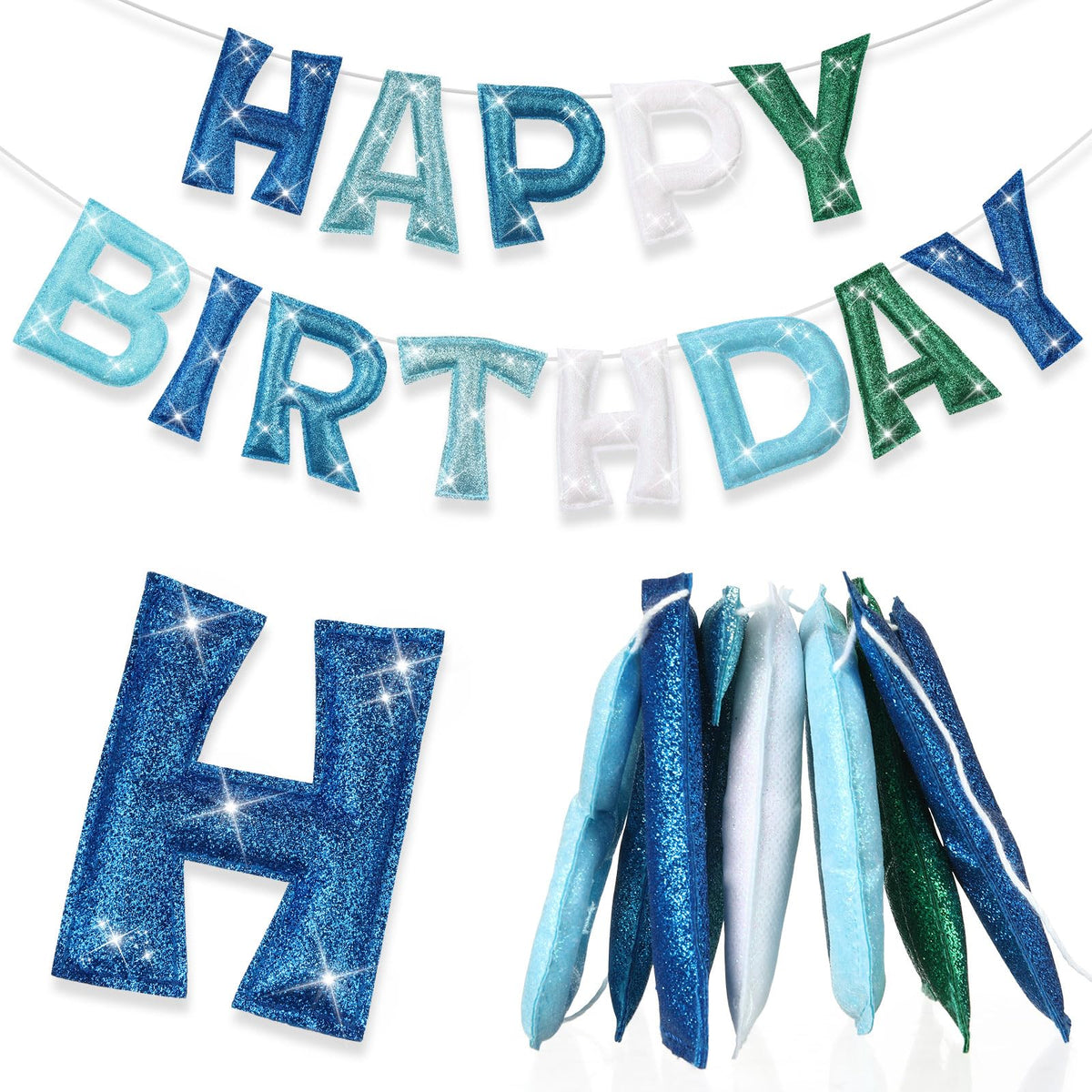 Tegeme Felt Happy Birthday Banner – Teal Glitter Rainbow Garland, Reusable Party Decoration