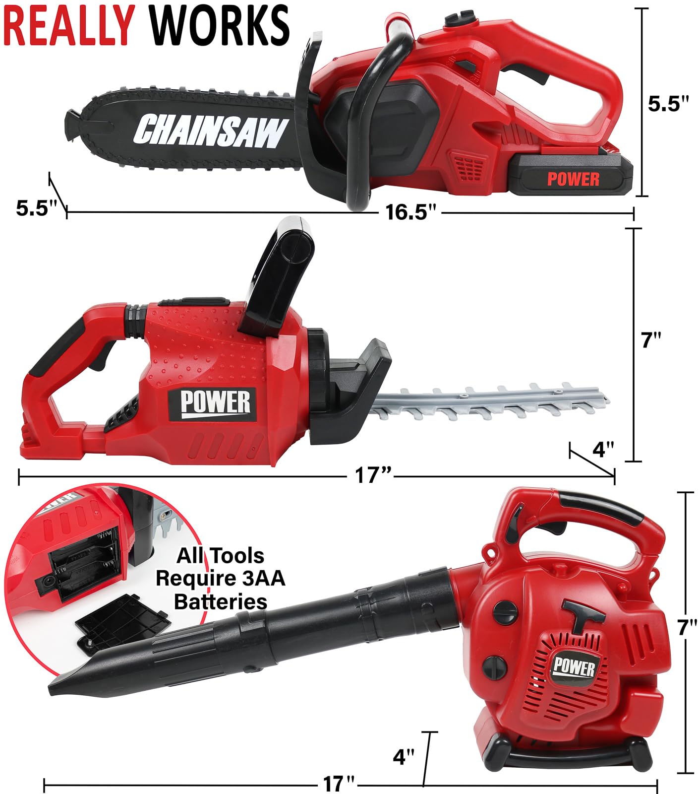TeganPlay Power Garden Tools Set for Kids | Battery-Operated Hedge Trimmer, Leaf Blower & Chainsaw