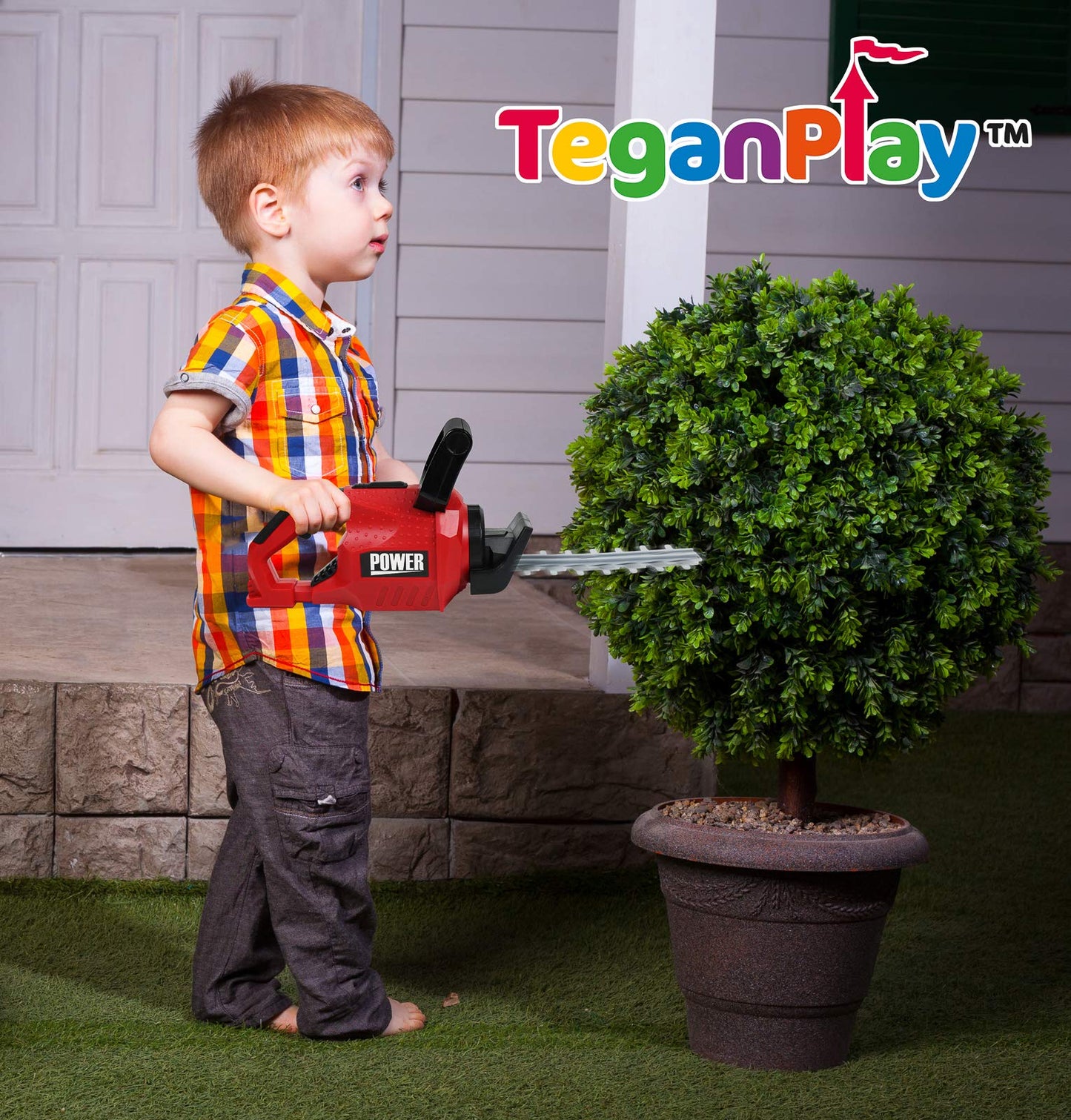 TeganPlay Power Garden Tools Set for Kids | Battery-Operated Hedge Trimmer, Leaf Blower & Chainsaw
