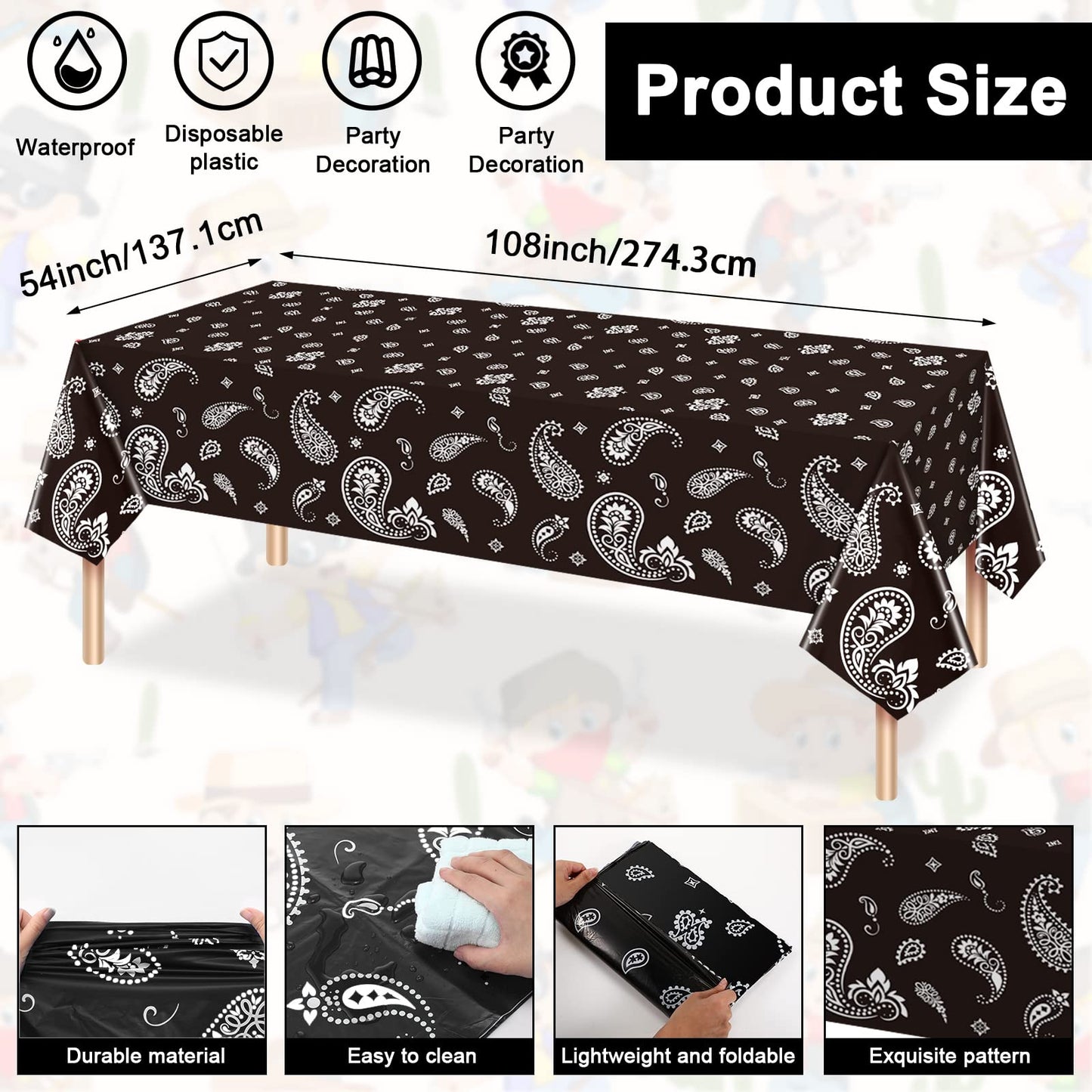 Tegeme 123 Pcs Western Cowboy Party Decoration Set – Black Tablecloth, Bandana Banners, Plates, Cups & Napkins