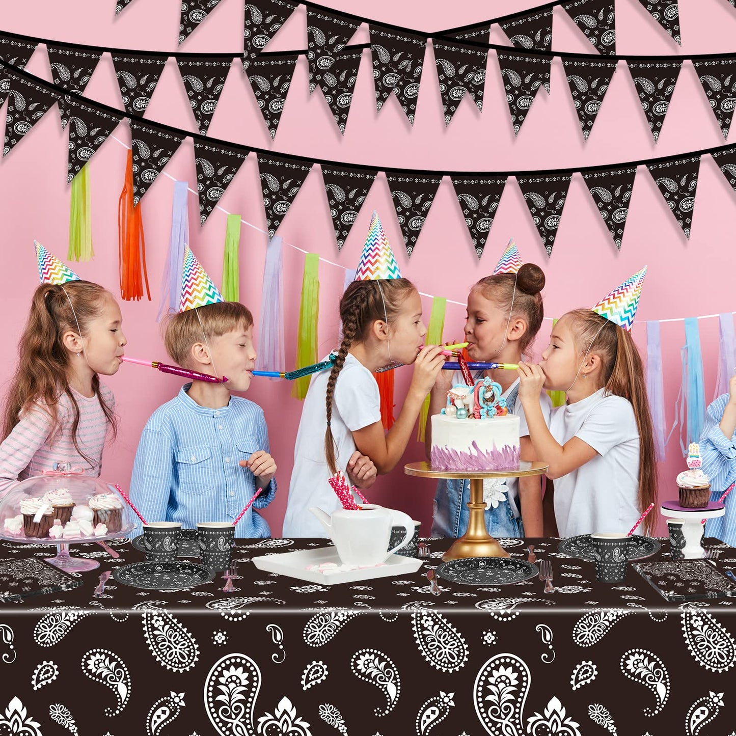 Tegeme 123 Pcs Western Cowboy Party Decoration Set – Black Tablecloth, Bandana Banners, Plates, Cups & Napkins