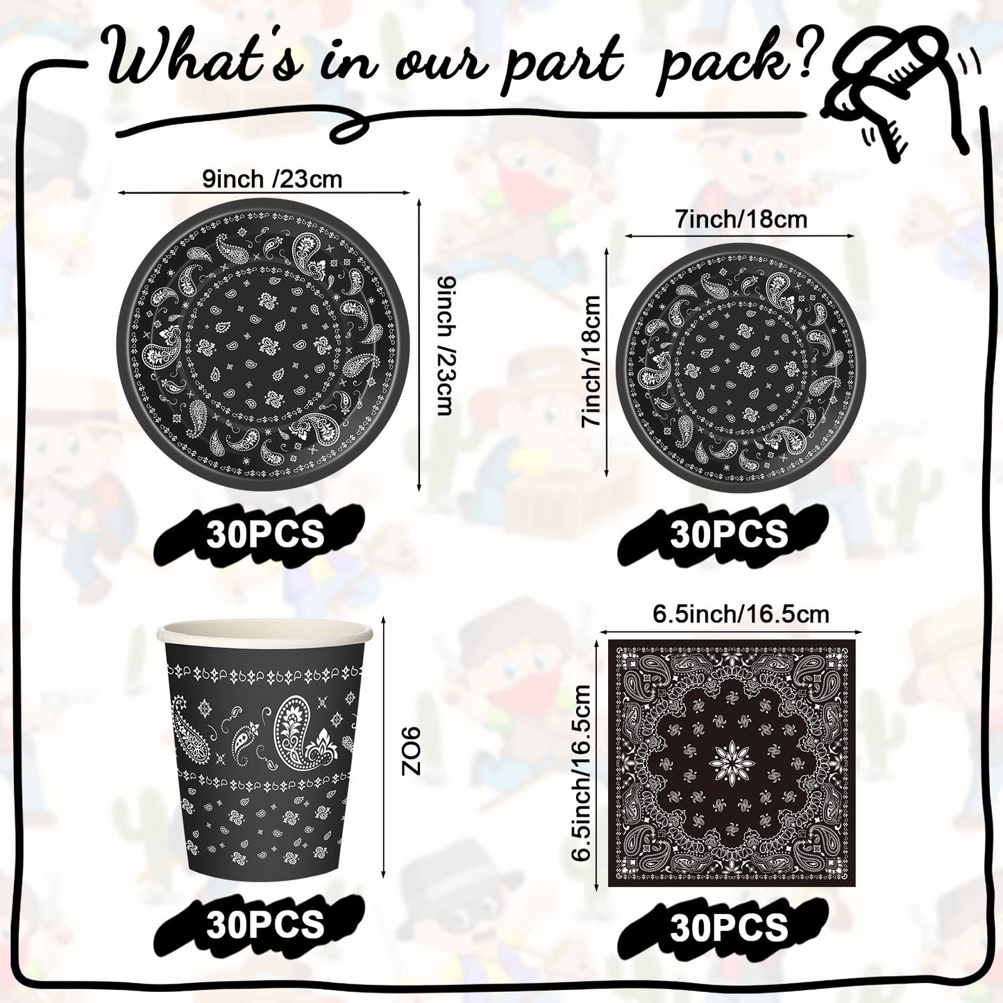 Tegeme 123 Pcs Western Cowboy Party Decoration Set – Black Tablecloth, Bandana Banners, Plates, Cups & Napkins