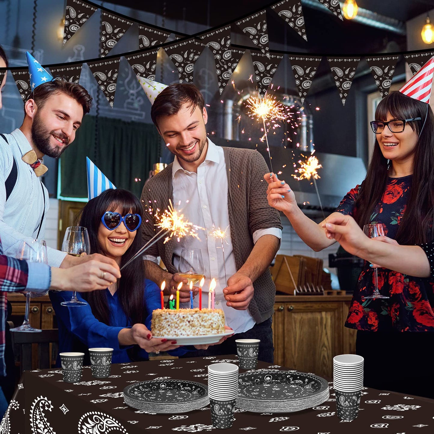 Tegeme 123 Pcs Western Cowboy Party Decoration Set – Black Tablecloth, Bandana Banners, Plates, Cups & Napkins