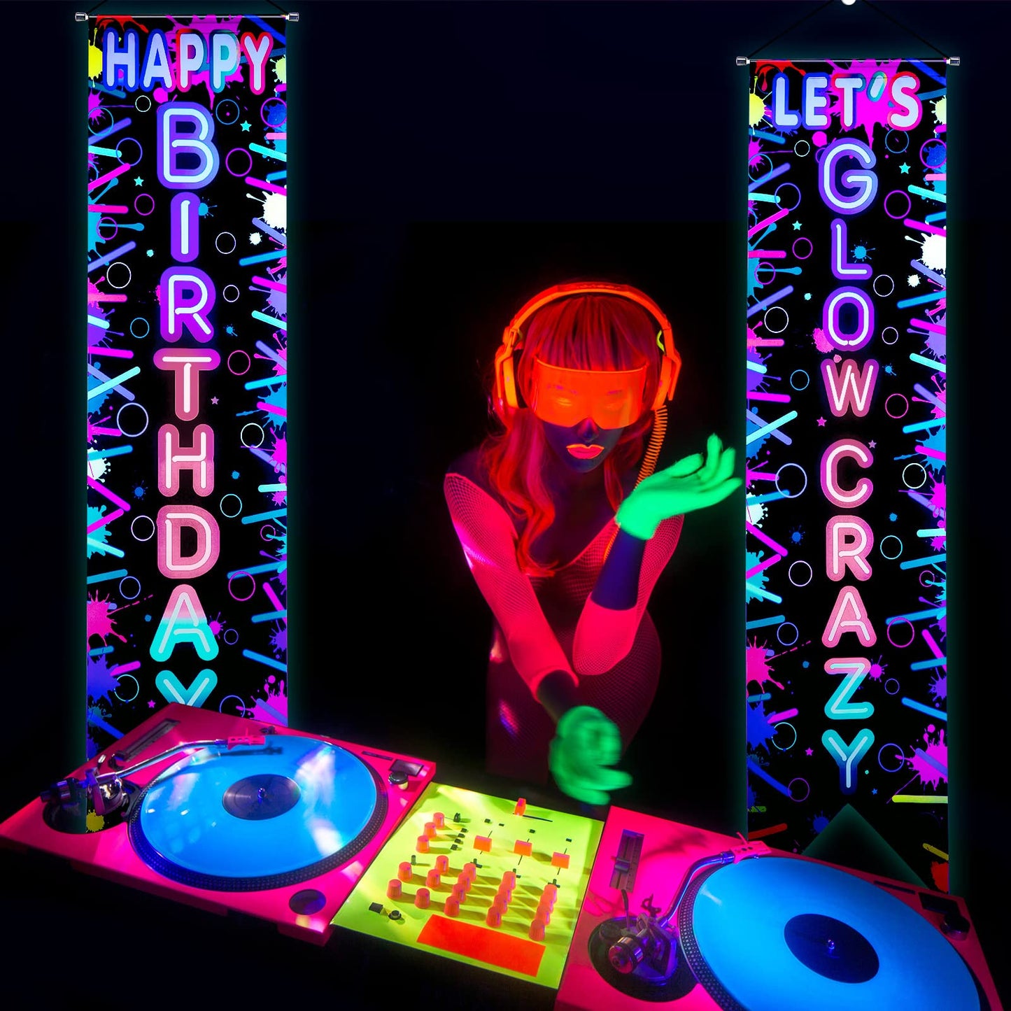 Tegeme Glow in the Dark Neon Birthday Banner Set — 2 Pcs Neon Porch Sign for Black Light Parties