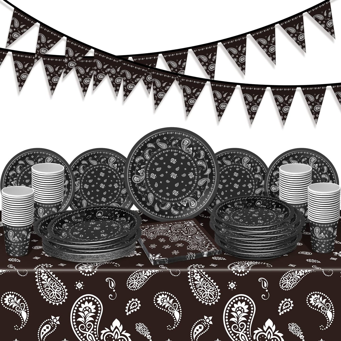Tegeme 123 Pcs Western Cowboy Party Decoration Set – Black Tablecloth, Bandana Banners, Plates, Cups & Napkins