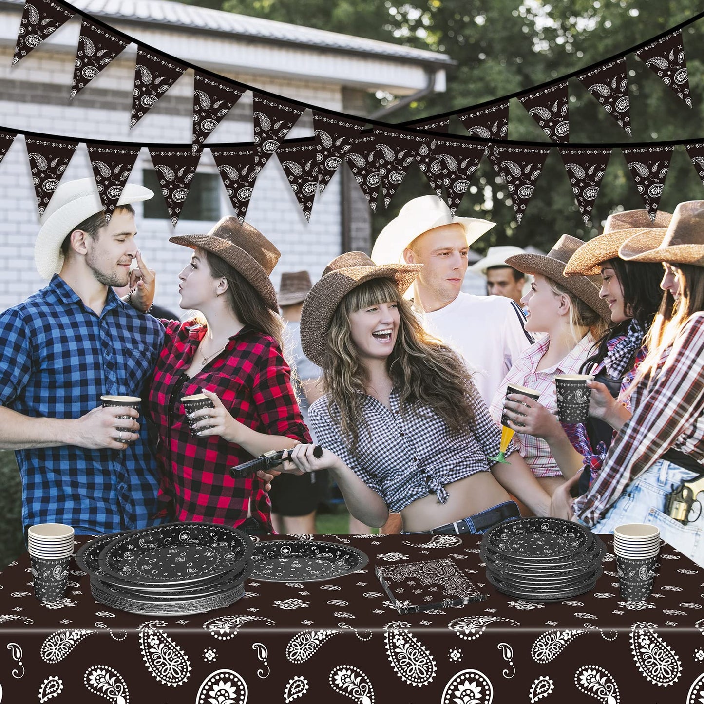 Tegeme 123 Pcs Western Cowboy Party Decoration Set – Black Tablecloth, Bandana Banners, Plates, Cups & Napkins