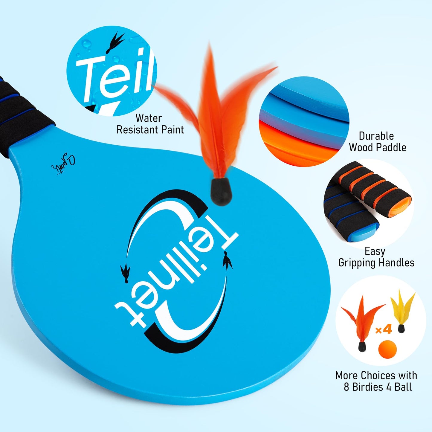 TEILLNET Paddle Ball Set – Family Outdoor Game (4 paddles, 4 balls, 8 birdies)
