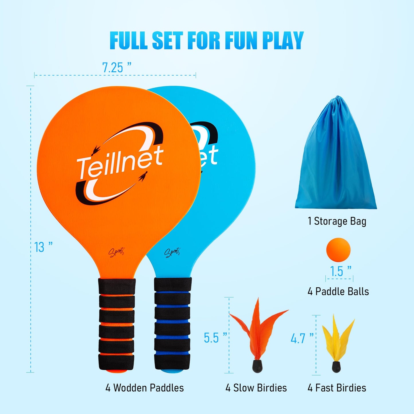 TEILLNET Paddle Ball Set – Family Outdoor Game (4 paddles, 4 balls, 8 birdies)