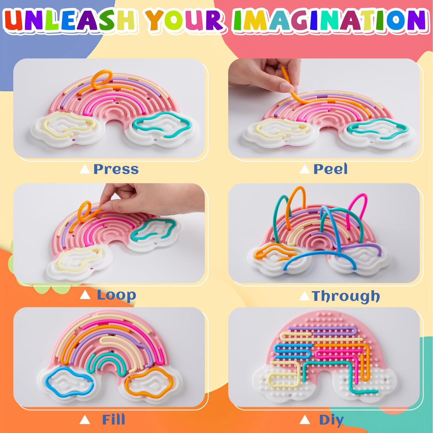 Teirdth Sensory Activity Board – Double-Sided Rainbow Silicone Fidget Toy, 12 Strings, Travel Bag