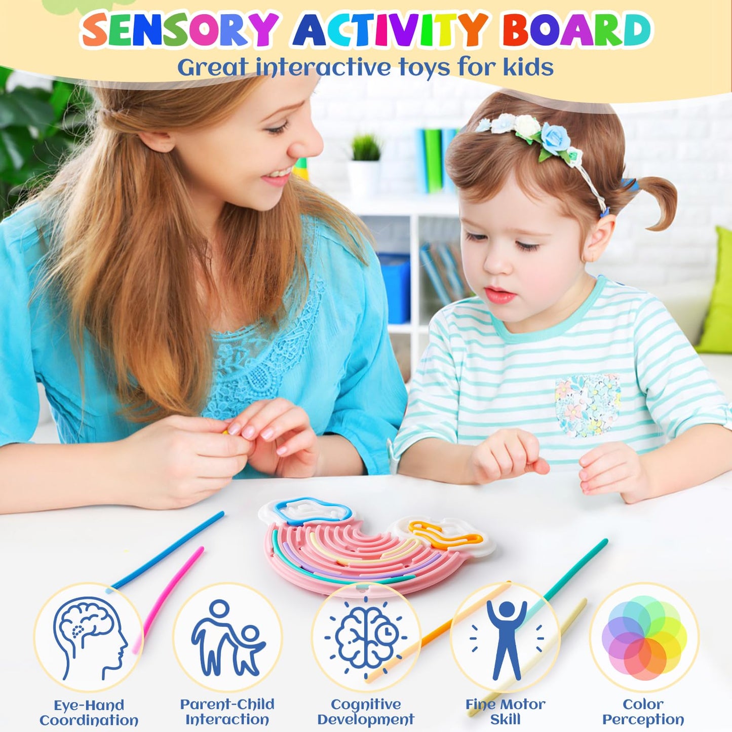 Teirdth Sensory Activity Board – Double-Sided Rainbow Silicone Fidget Toy, 12 Strings, Travel Bag