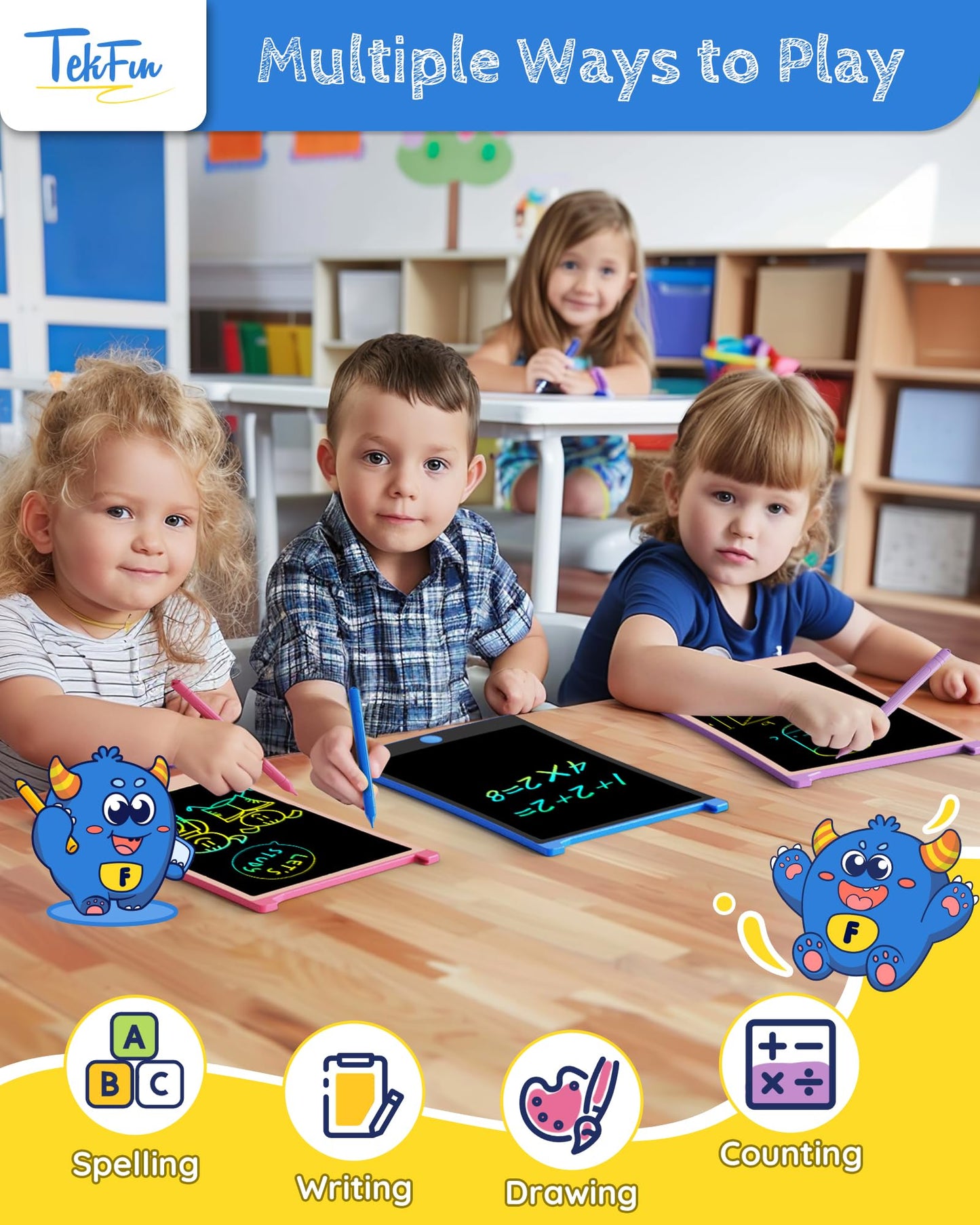 TEKFUN 10-Pack LCD Writing Tablet with Stylus — 8.5in Doodle Board for Kids (Mess-Free, Eco-Friendly)