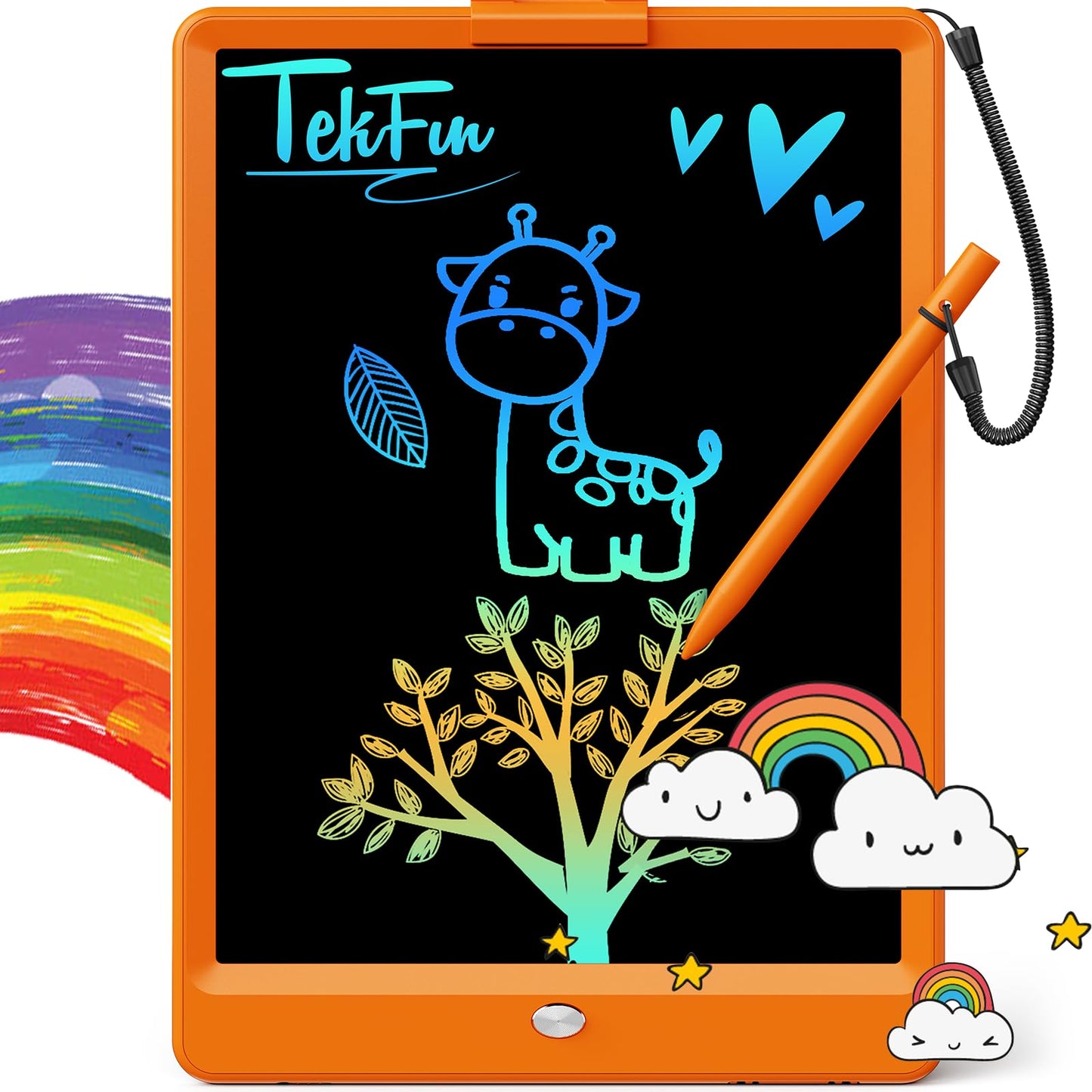 TEKFUN 10-In LCD Writing Tablet for Kids – Mess-Free Doodle Board with Anti-Lost Stylus (Orange)