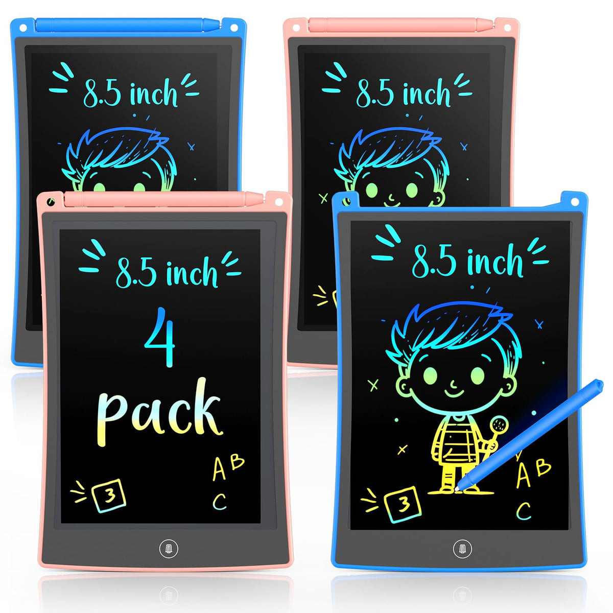 TEKFUN 4 Pack LCD Writing Tablet for Kids - 8.5in Erasable Doodle Boards, Mess-Free Travel Toy