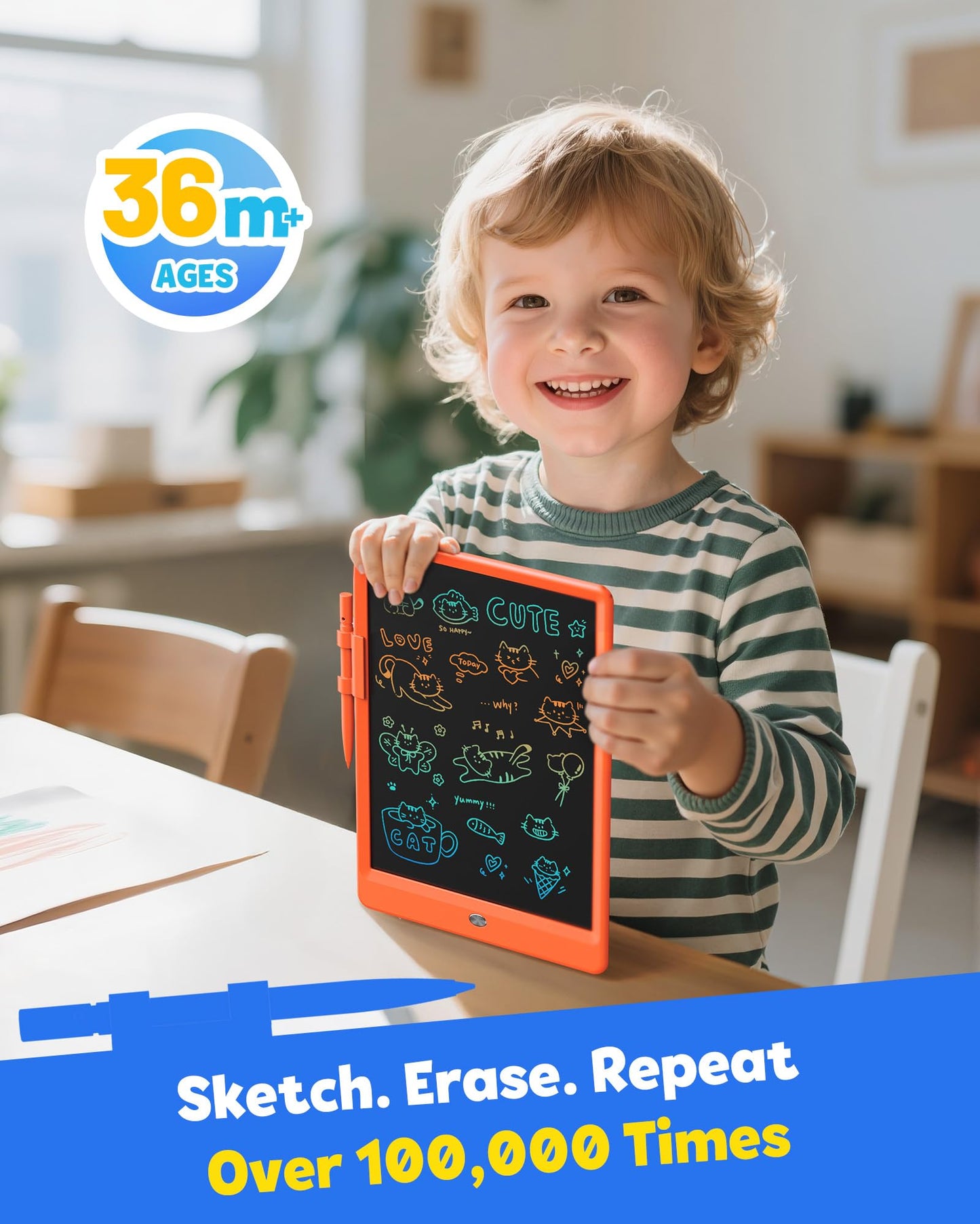 TEKFUN 10-In LCD Writing Tablet for Kids – Mess-Free Doodle Board with Anti-Lost Stylus (Orange)