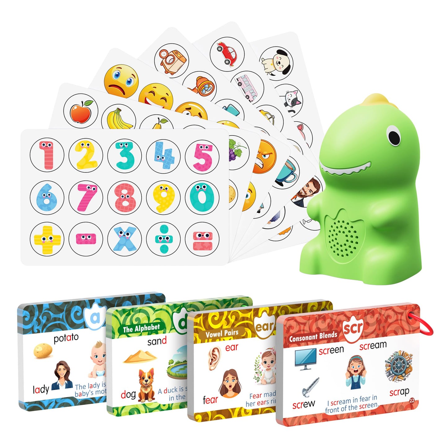TEKFUN Interactive Dinosaur Talking Pen with Phonics Flash Cards – Montessori Reading Toy for Kids Aged 2-6