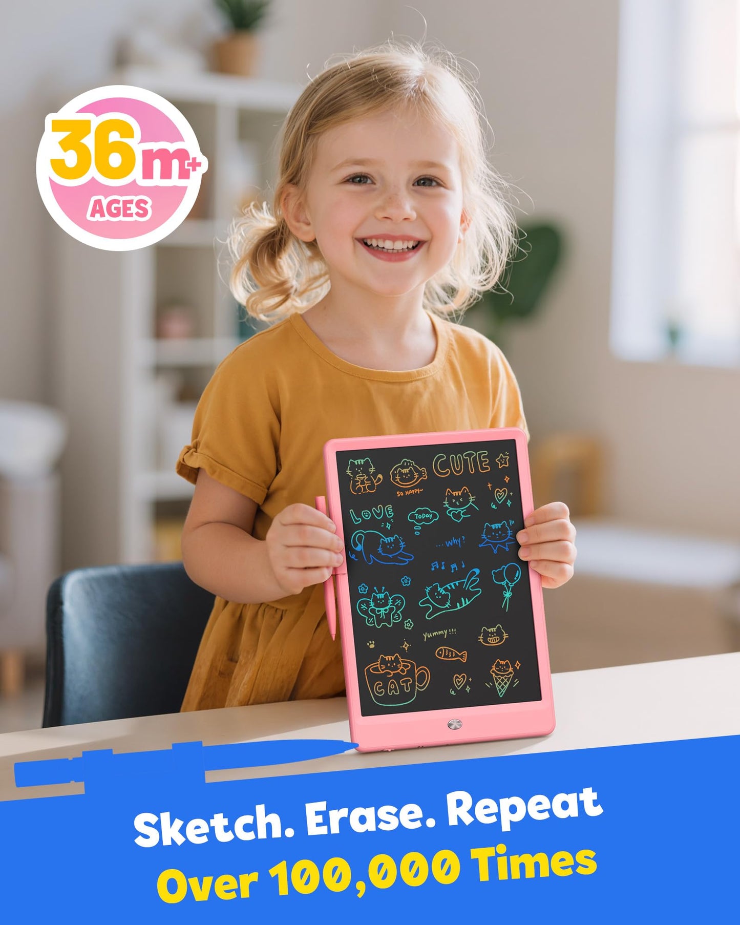 TEKFUN 10-Inch LCD Writing Tablet for Kids – Mess-Free Pink Doodle Board