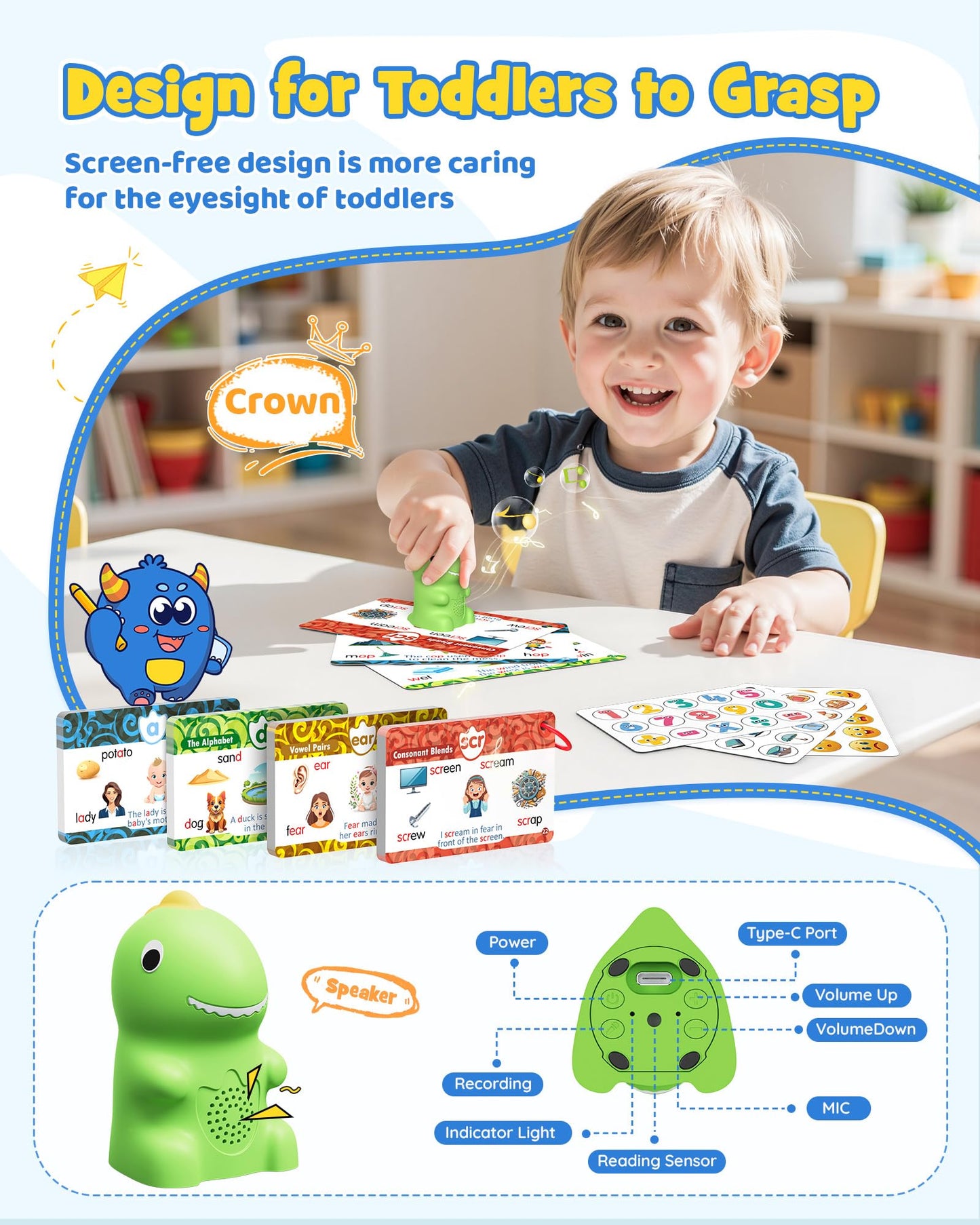TEKFUN Interactive Dinosaur Talking Pen with Phonics Flash Cards – Montessori Reading Toy for Kids Aged 2-6