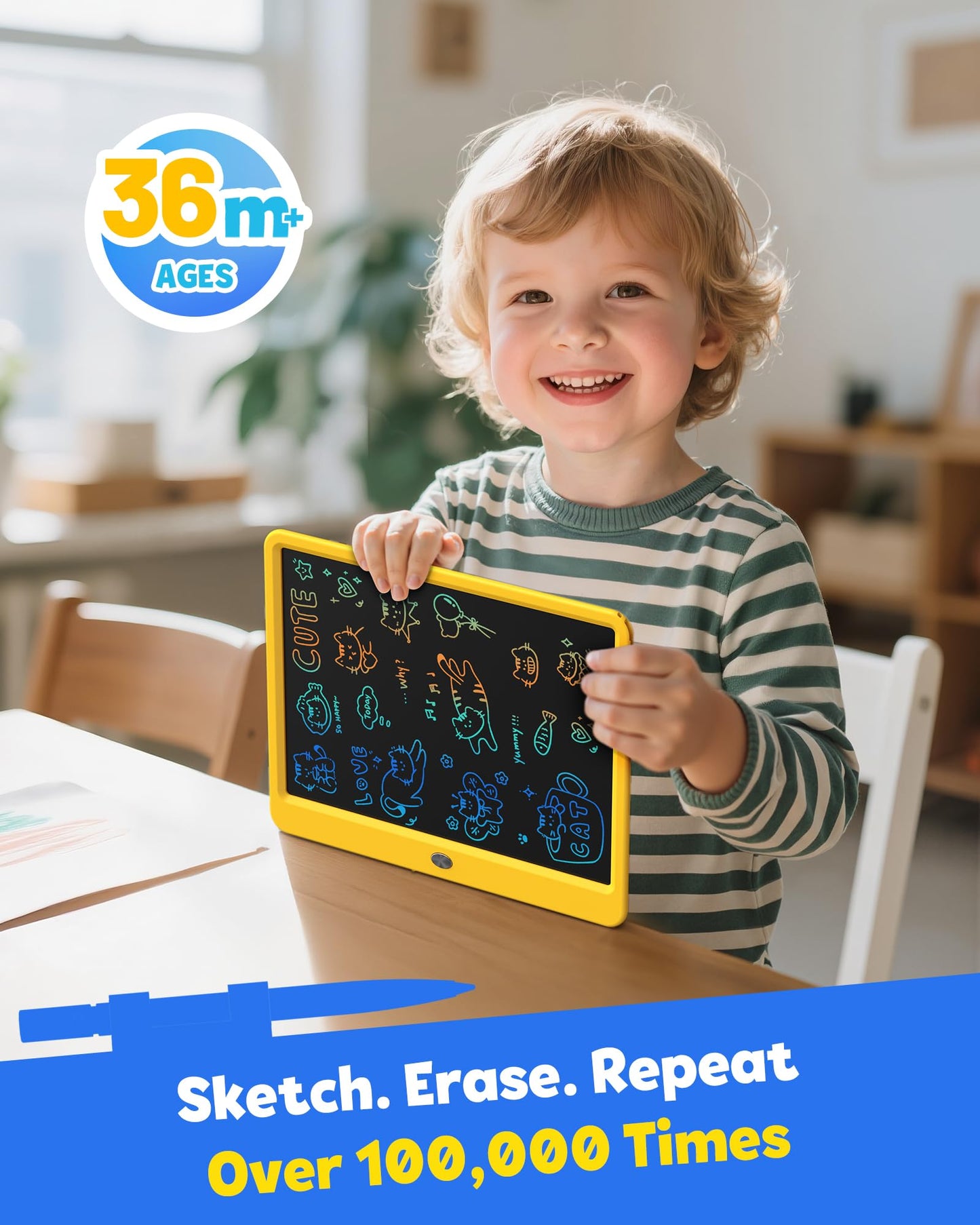 TEKFUN 12-Inch LCD Writing Tablet – Doodle Board for Kids (Yellow)