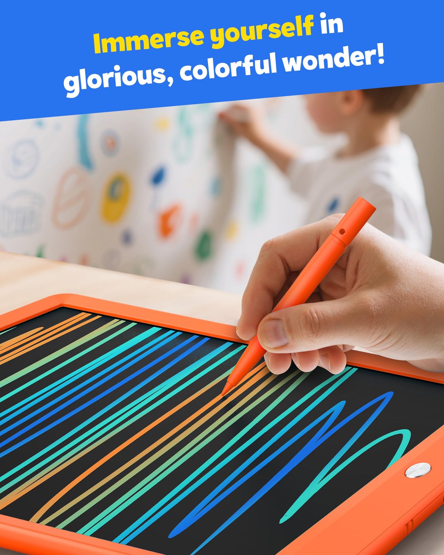 TEKFUN 10-In LCD Writing Tablet for Kids – Mess-Free Doodle Board with Anti-Lost Stylus (Orange)