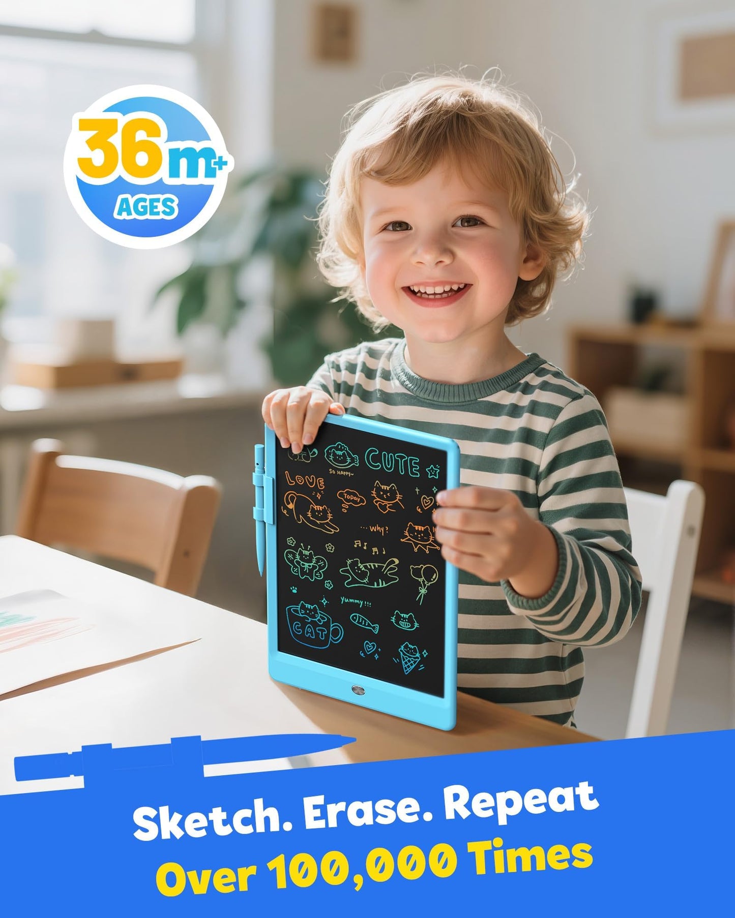 TEKFUN 10-Inch LCD Writing Tablet for Kids — Mess-Free Doodle Board (Blue)