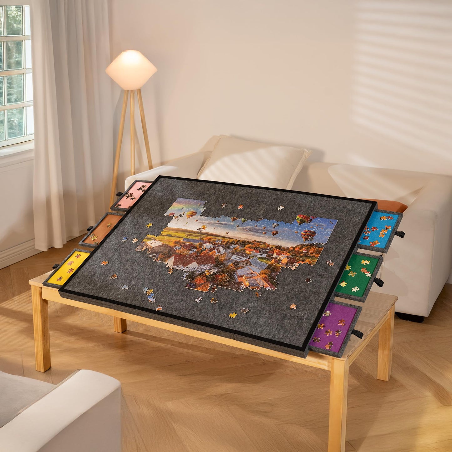 Tektalk 2000 Piece Foldable Puzzle Table with Cover, 3 Tilting Angles, 6 Sorting Drawers – Dark Gray