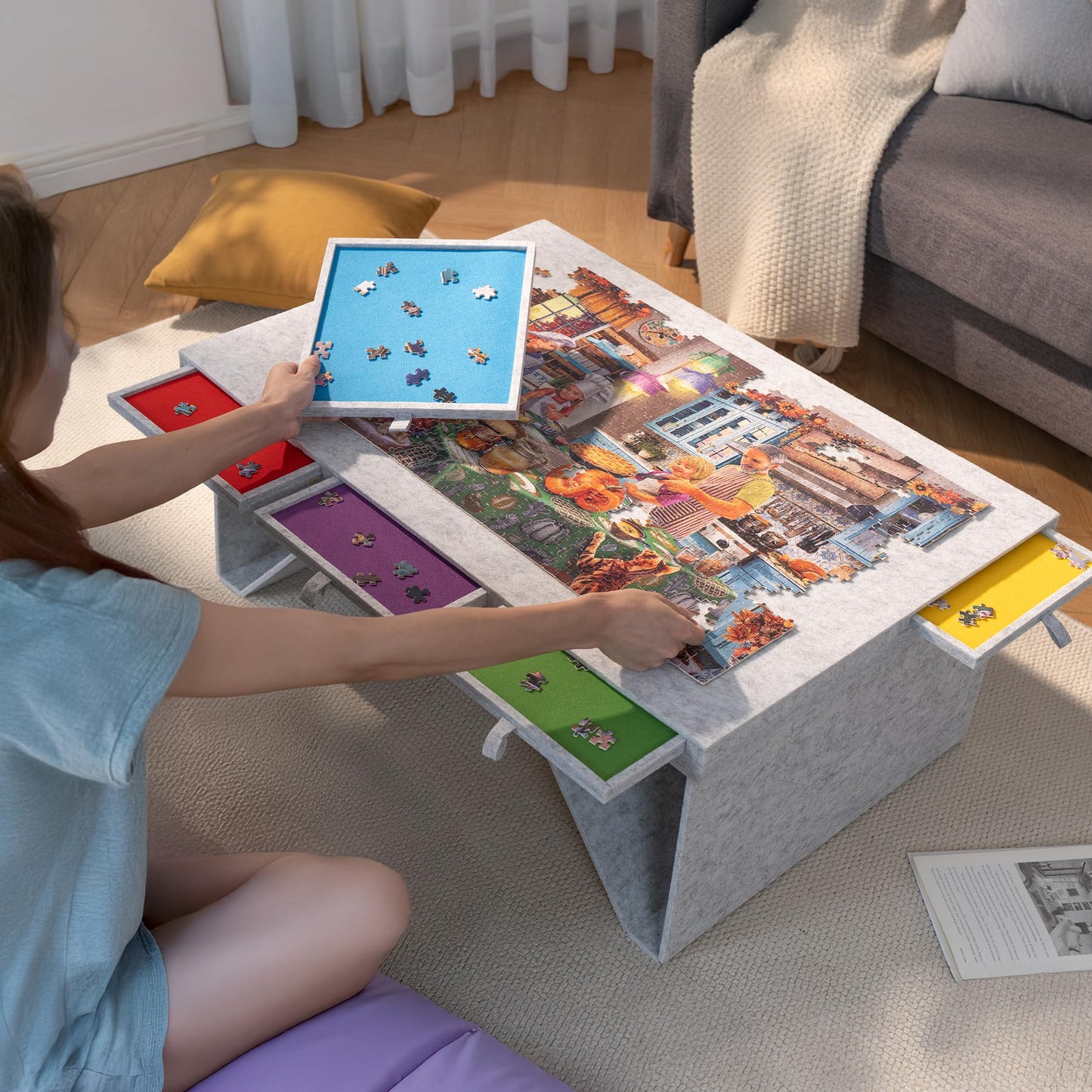 Tektalk Felt Jigsaw Puzzle Board with 5 Drawers – Portable Puzzle Table for 1500-Piece Puzzles