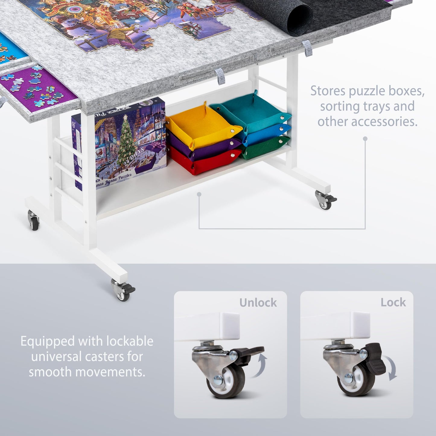 Tektalk 2000-Piece Foldable Puzzle Table with Height Adjustment | Felt Surface, 8 Drawers, 4 Casters
