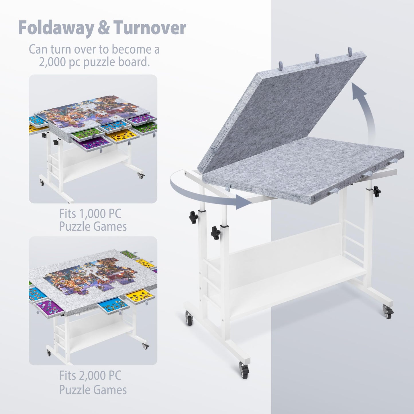 Tektalk 2000-Piece Foldable Puzzle Table with Height Adjustment | Felt Surface, 8 Drawers, 4 Casters