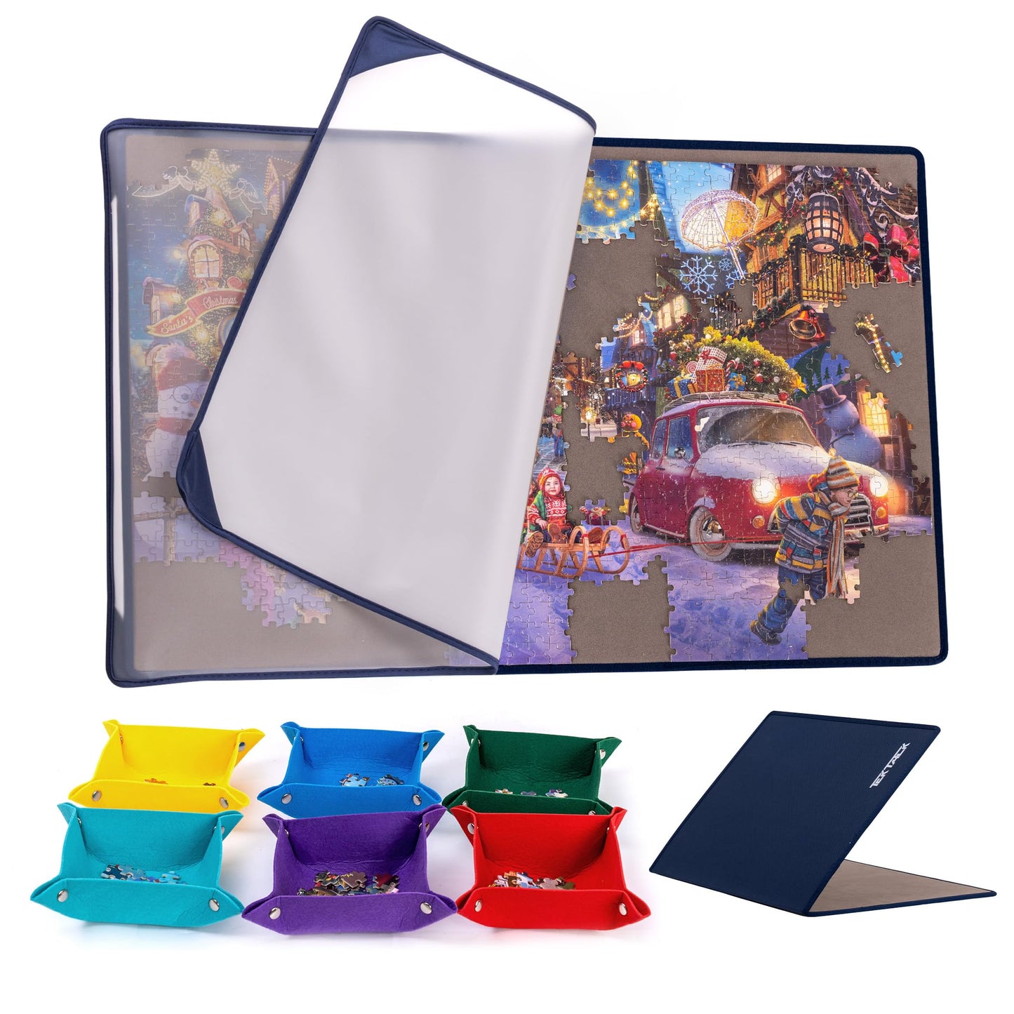 Tektalk Foldable Jigsaw Puzzle Board – 6 Color Sorting Trays, Dustproof TPU Cover, Non-Slip Surface (Up to 1000 Pieces)