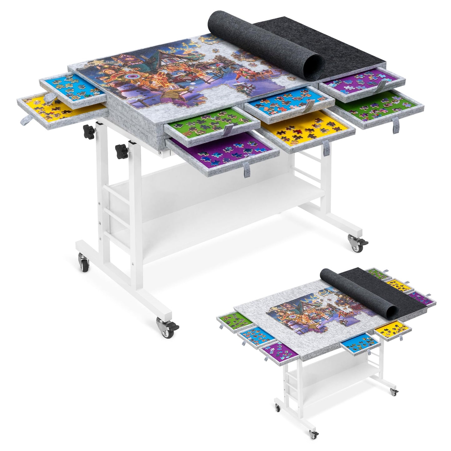 Tektalk 2000-Piece Foldable Puzzle Table with Height Adjustment | Felt Surface, 8 Drawers, 4 Casters