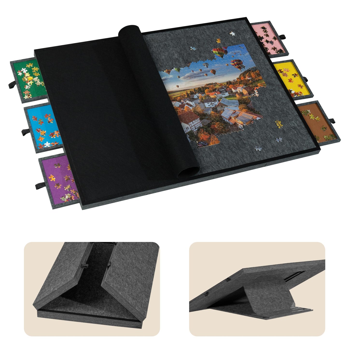 Tektalk 2000 Piece Foldable Puzzle Table with Cover, 3 Tilting Angles, 6 Sorting Drawers – Dark Gray