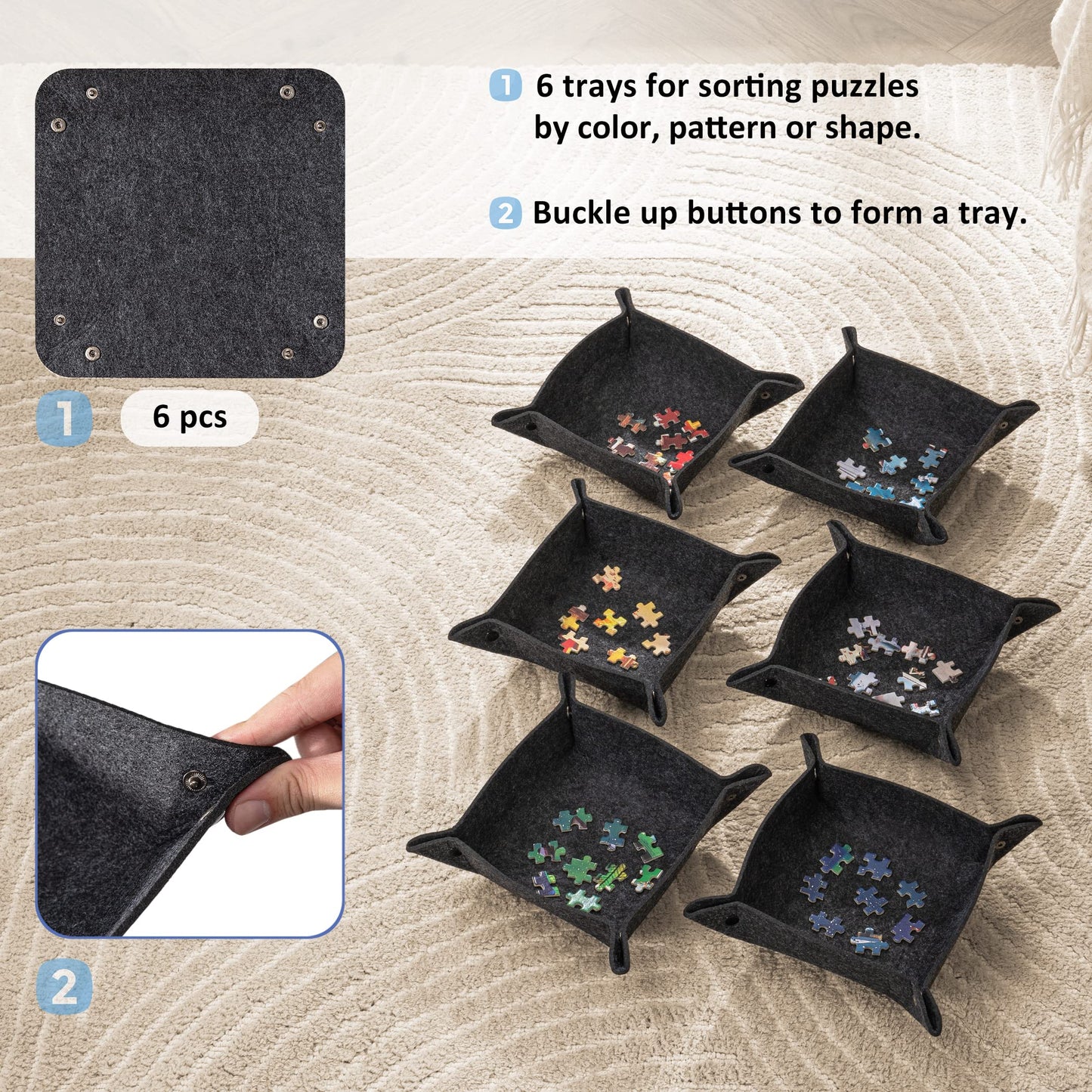 Tektalk Jigsaw Puzzle Board with 6 Sorting Trays – Portable, Dustproof & Non-Slip (Up to 1000 Pieces) – Gray