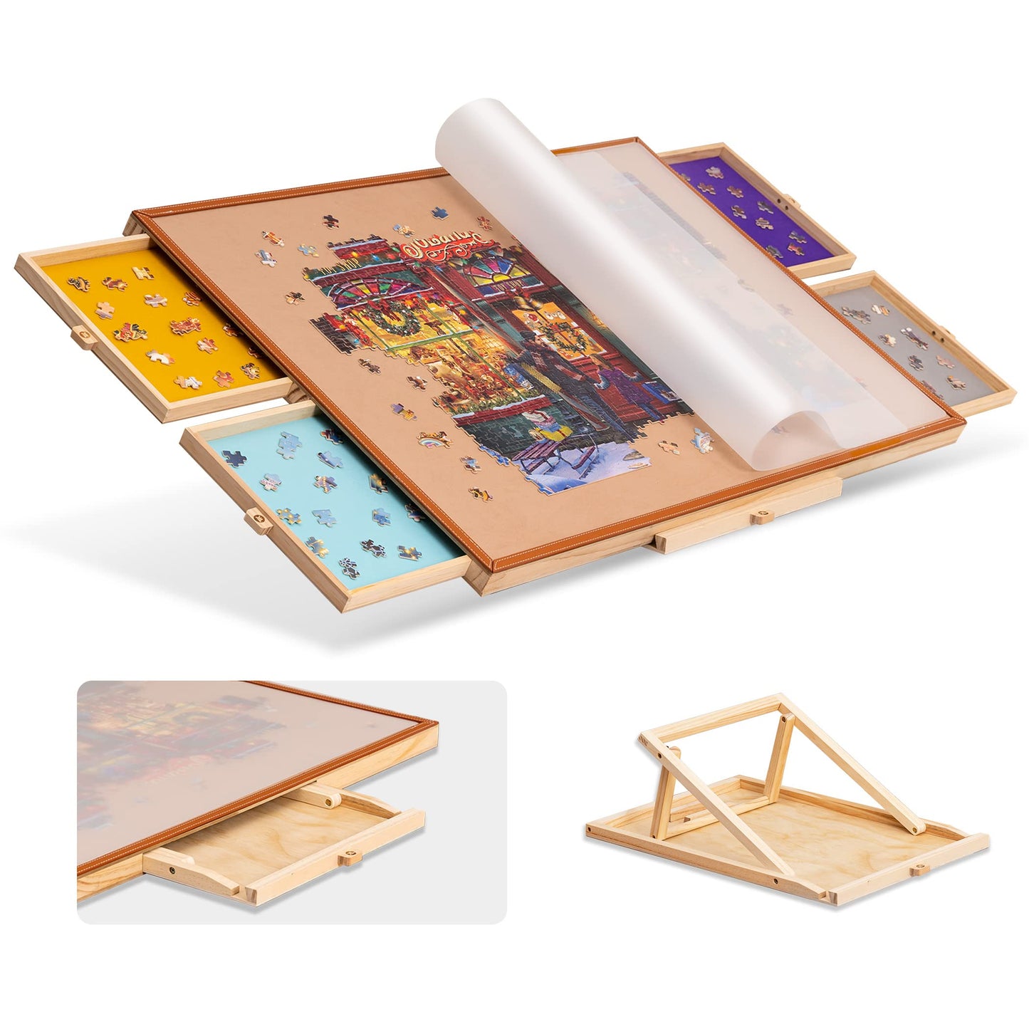 Tektalk Jigsaw Puzzle Table with Leather Bar, Adjustable Stand, 4 Drawers, for Up to 1500 Pieces