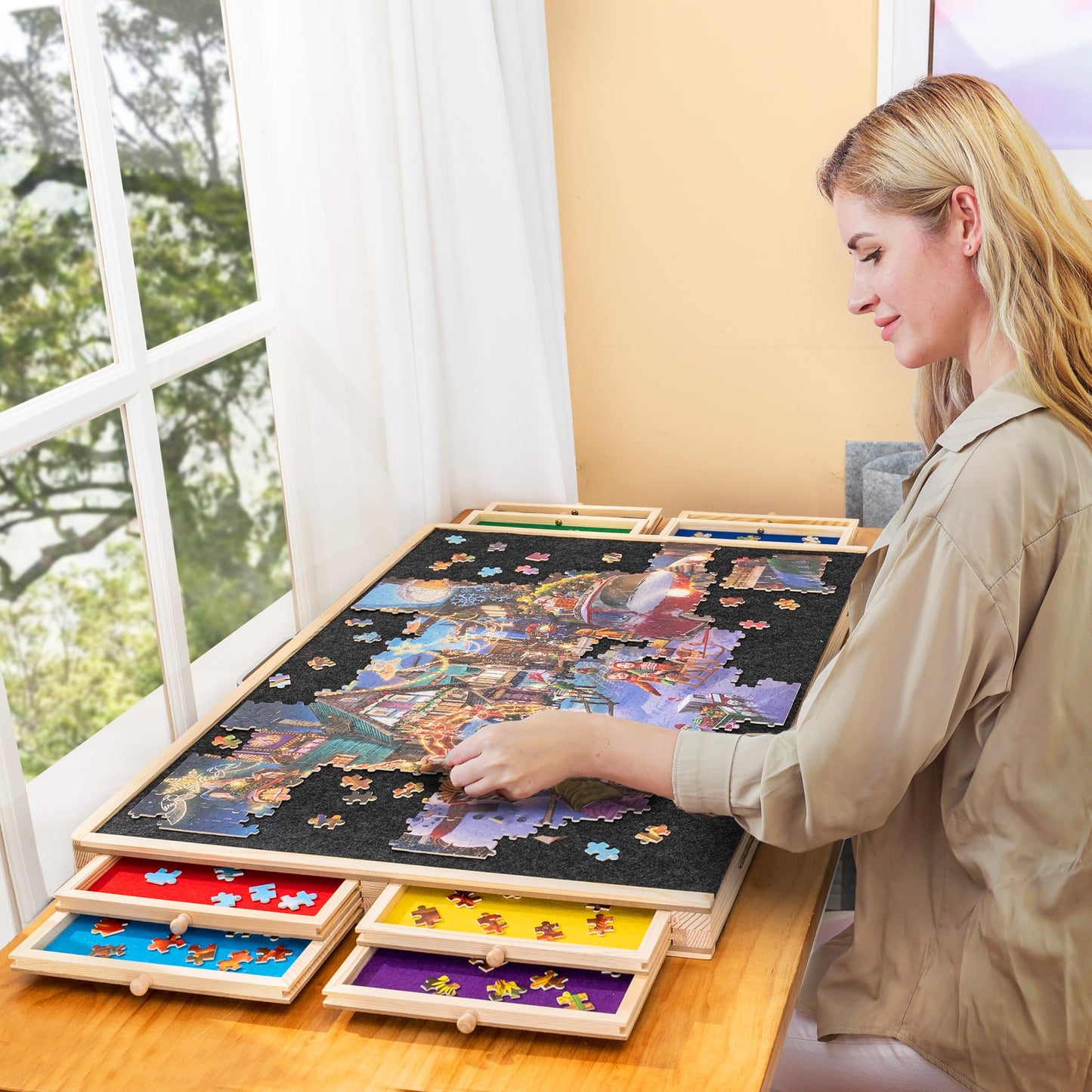 Tektalk 2000-Piece Foldable Puzzle Board with 8 Trays, Felt Cover, and Pinewood Tabletop