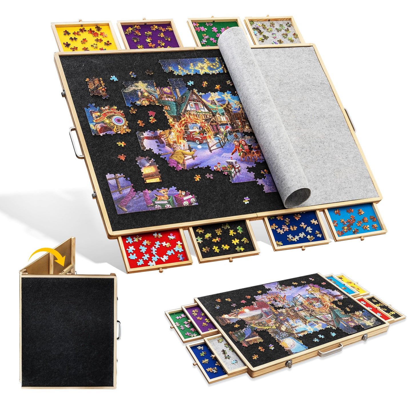 Tektalk 2000-Piece Foldable Puzzle Board with 8 Trays, Felt Cover, and Pinewood Tabletop
