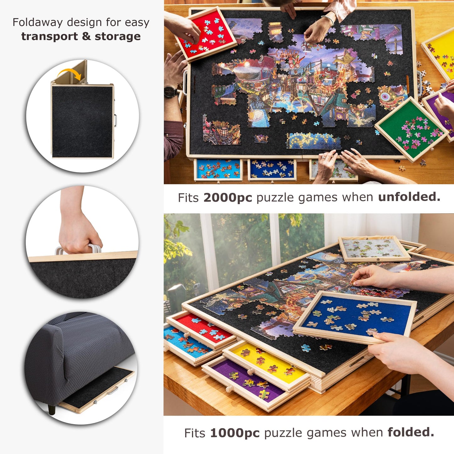 Tektalk 2000-Piece Foldable Puzzle Board with 8 Trays, Felt Cover, and Pinewood Tabletop
