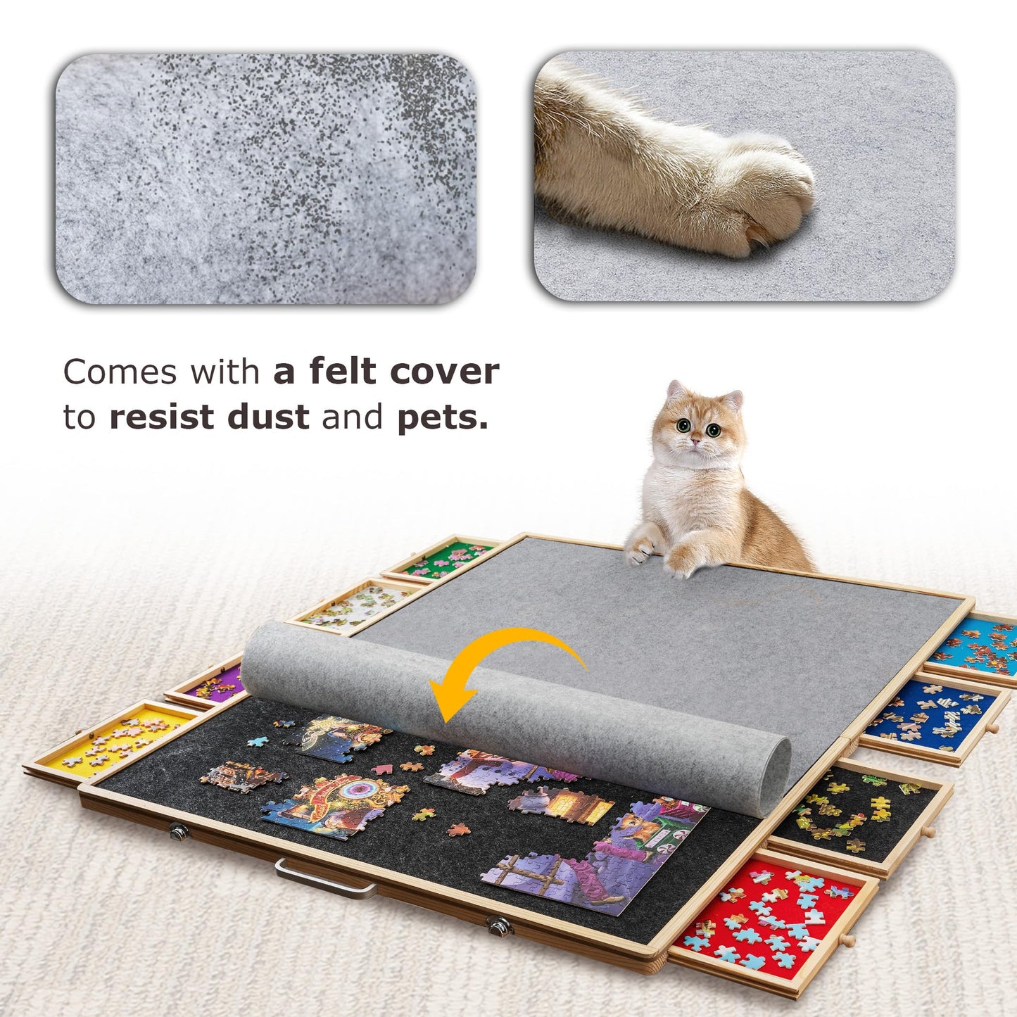 Tektalk 2000-Piece Foldable Puzzle Board with 8 Trays, Felt Cover, and Pinewood Tabletop
