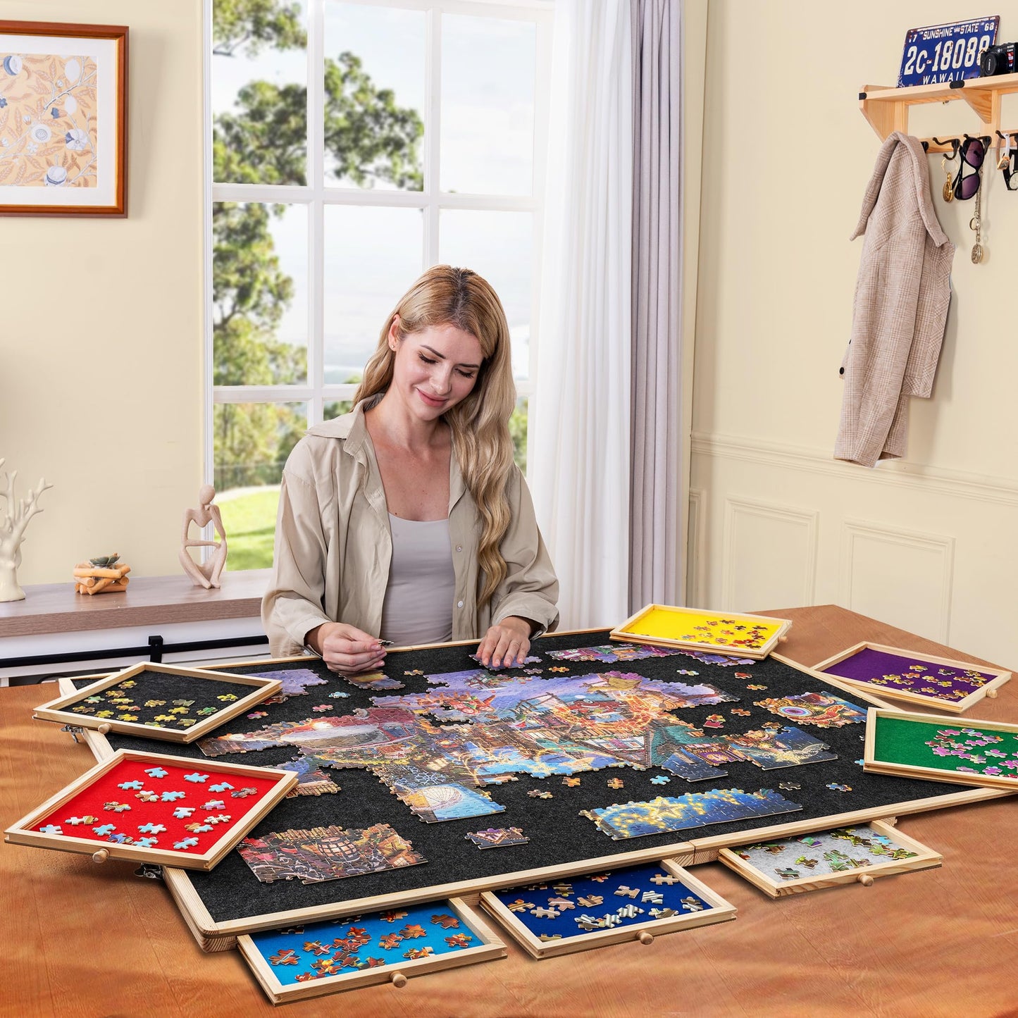 Tektalk 2000-Piece Foldable Puzzle Board with 8 Trays, Felt Cover, and Pinewood Tabletop