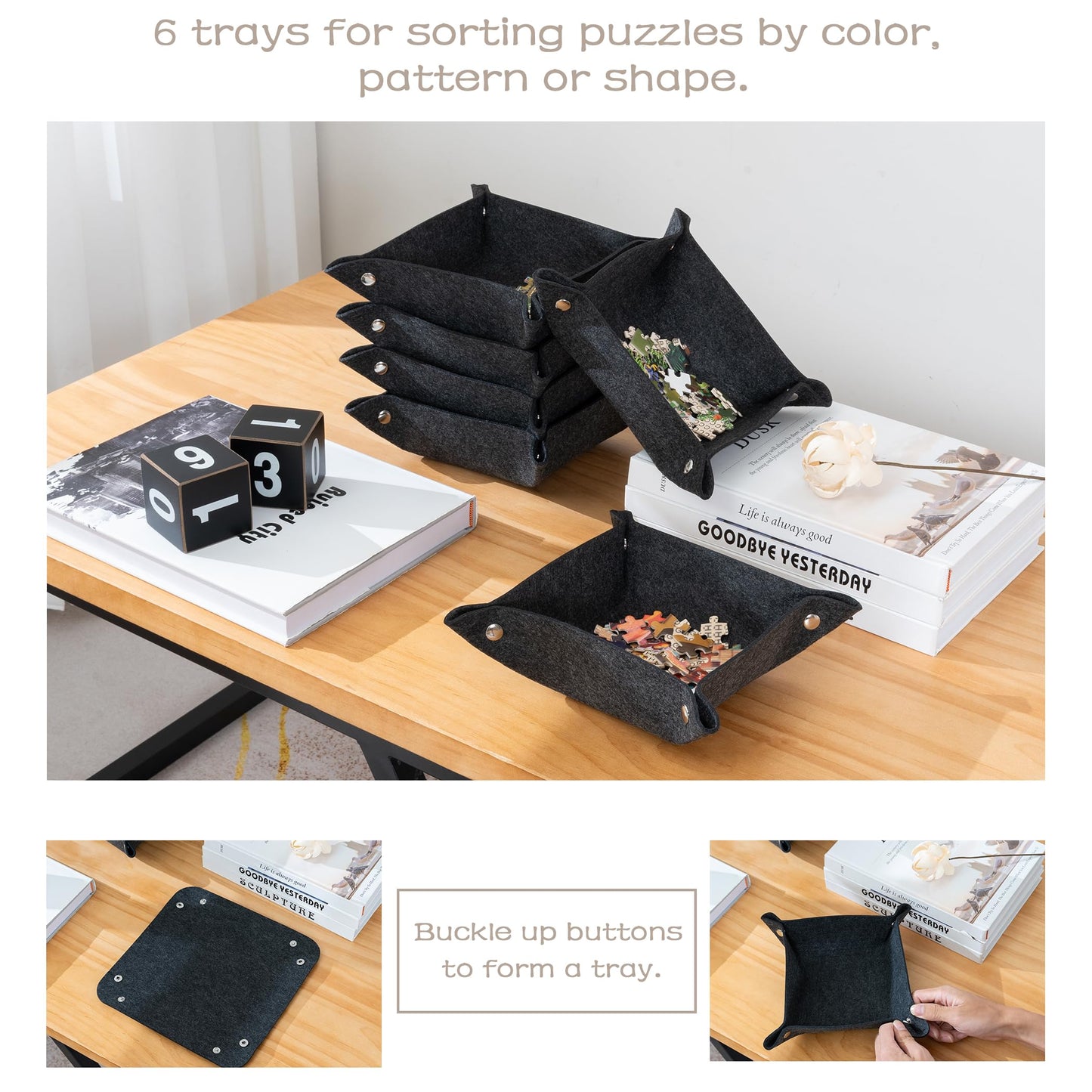Tektalk Foldable Jigsaw Puzzle Board with 6 Sorting Trays, Non-Slip Surface, Up to 1000 Pieces – Gray