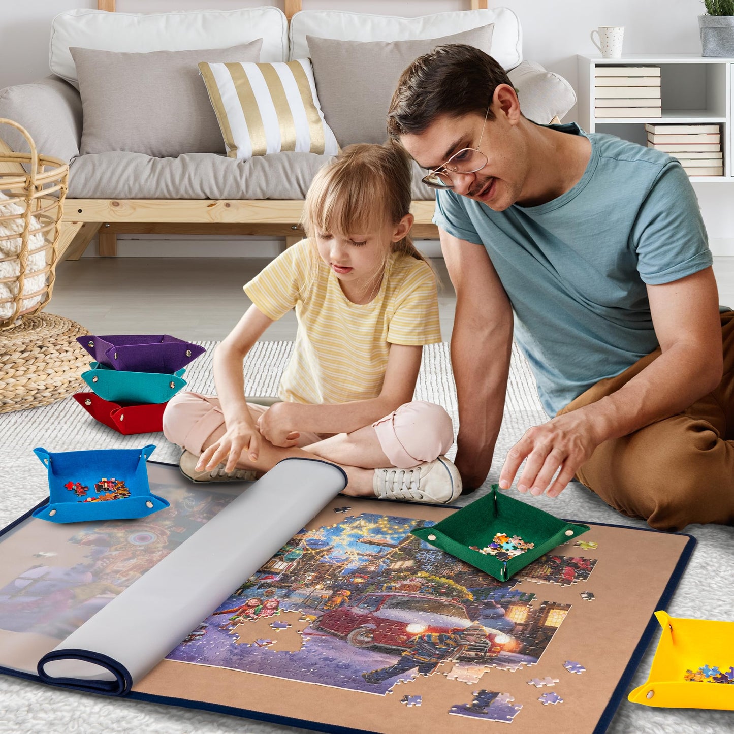 Tektalk Foldable Jigsaw Puzzle Board with 6 Color Sorting Trays – Up to 1500 Pieces, Khaki