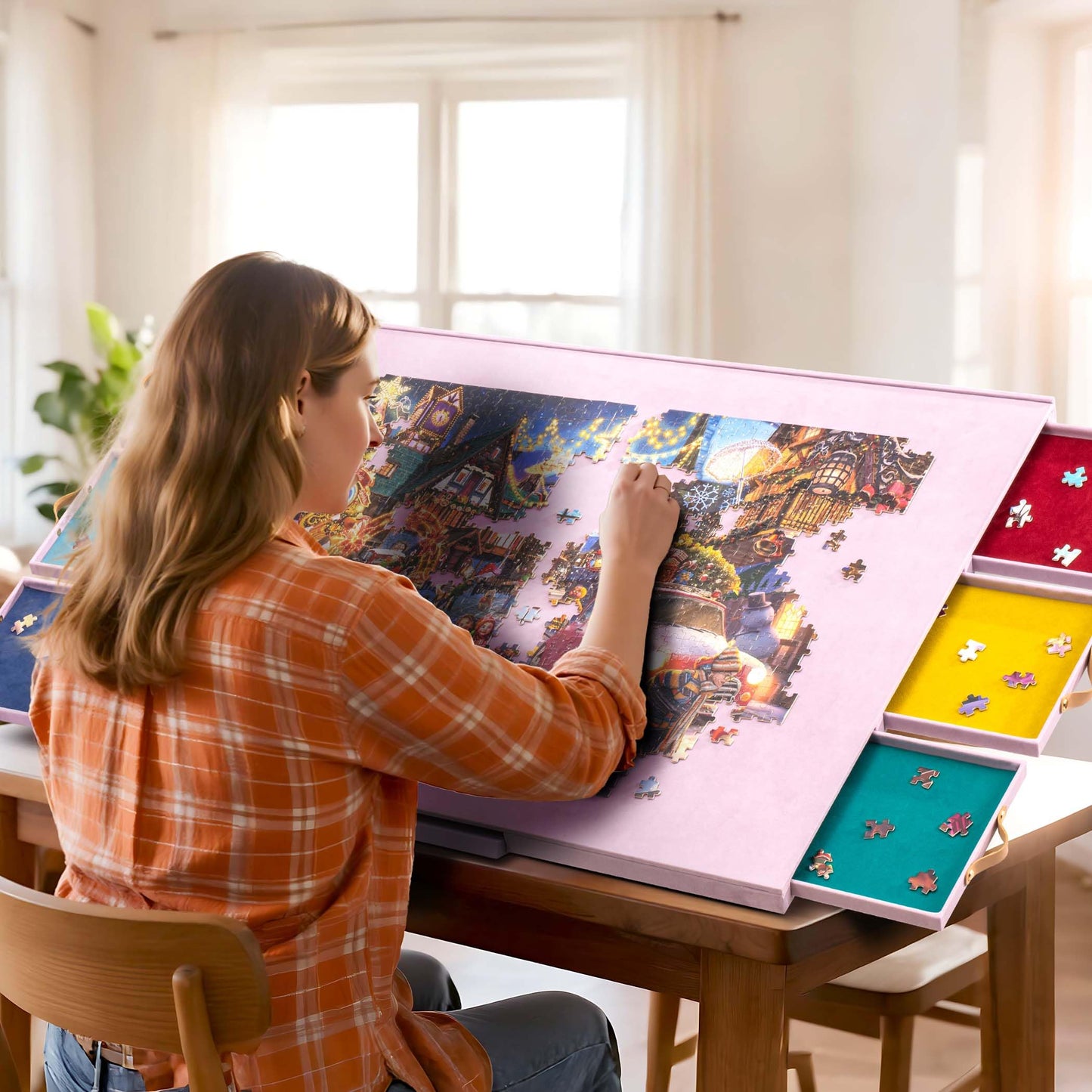 Tektalk Flannelette Puzzle Table with Adjustable Stand & Cover – 1500-Piece Capacity (Purple)