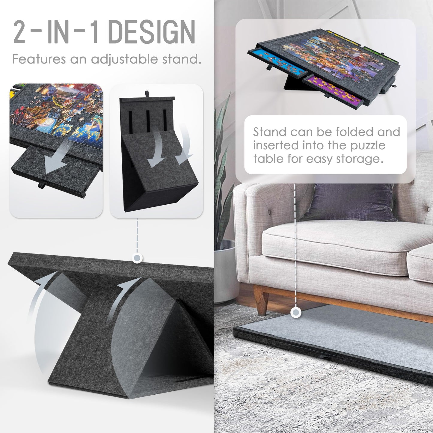 Tektalk Jigsaw Puzzle Table with Adjustable Stand, 3 Tilting Angles, Lightweight Felt Board, Cover & 4 Sorting Drawers – Gray (Up to 1500 Pieces)