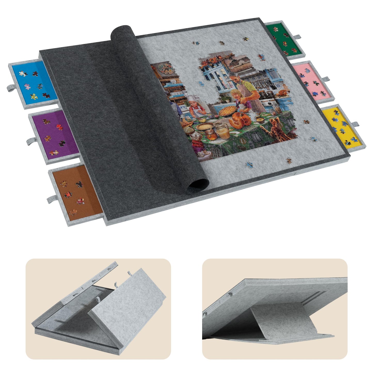 Tektalk 2000-Piece Foldable Puzzle Table with Cover — 3 Tilting Angles, 6 Drawers, Light Gray