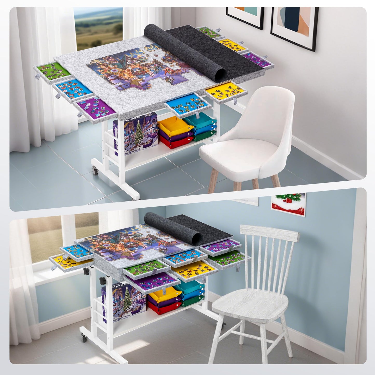 Tektalk 2000-Piece Foldable Puzzle Table with Height Adjustment | Felt Surface, 8 Drawers, 4 Casters